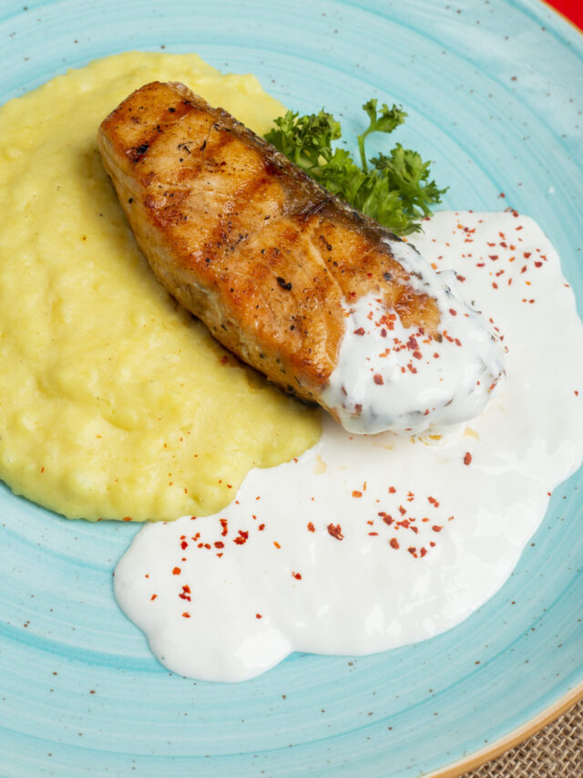 fried salmon with mashed potatoes